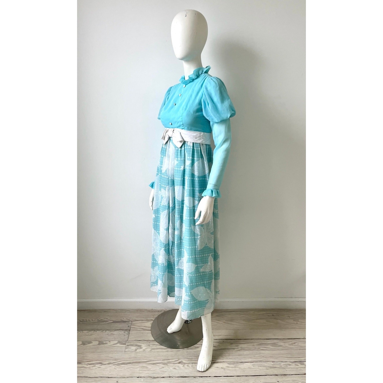 1970s Jumpsuit / 70s Blue Leg of Mutton Sleeve Wide Leg Jumpsuit / Extra Small