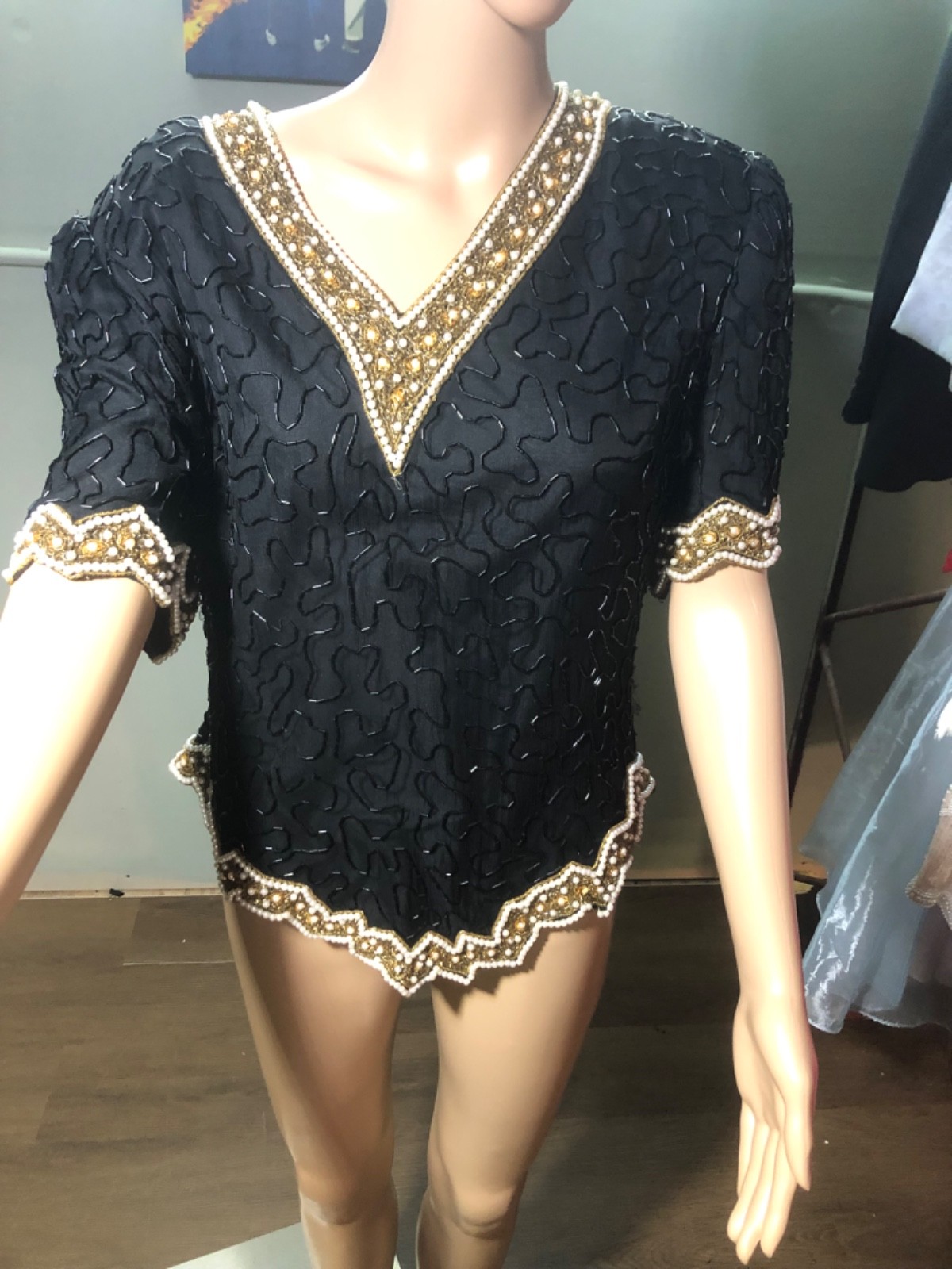 Vintage 1980s Laurence Kazar Beaded Silk Evening Top Black Pearl Gold Blouse M