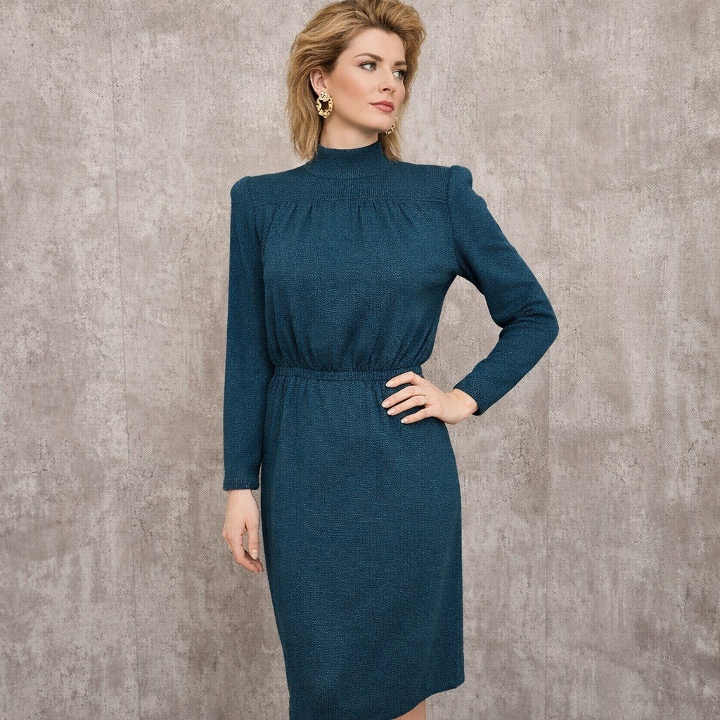 Vintage St John Marie Gray Knit Dress Teal Green Mock Neck 80s 90s FLAWED AS IS