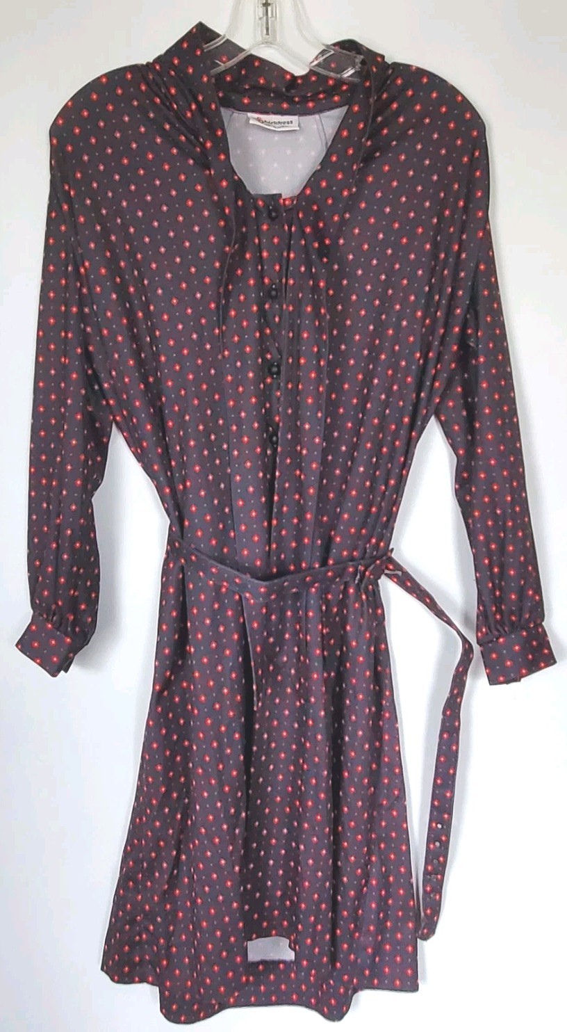 Vtg 70s Sears The Shirtdress Black Red Floral Button Front Belted Midi Sz L/XL