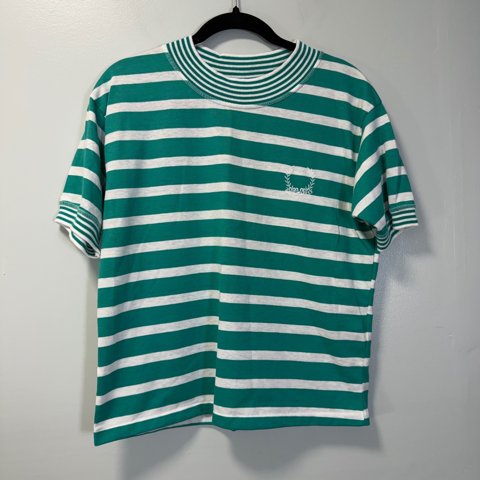 Vintage Bobbie Brooks Green White Striped T-Shirt 90s Made in USA Medium