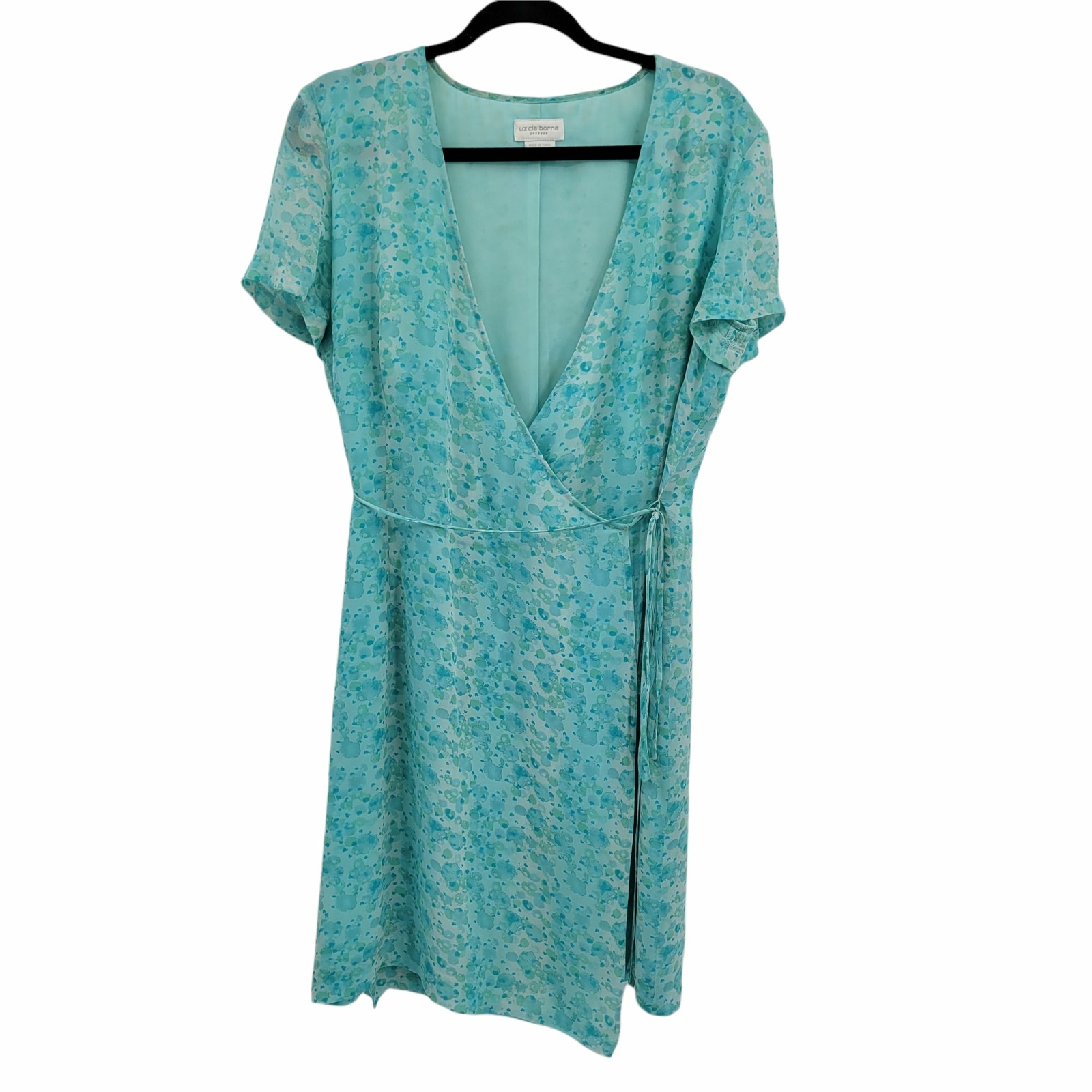 90’s Wrap Dress 10 Pastel Aqua Blue Ditzy Floral Short Sleeve Tea Length V-neck