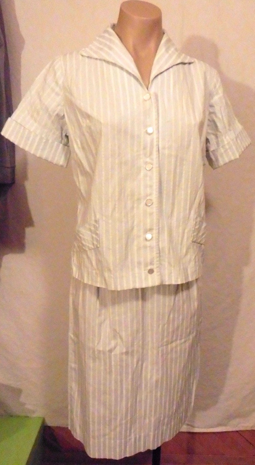 50-60s Light Blue and White Striped Seersucker Top & Skirt