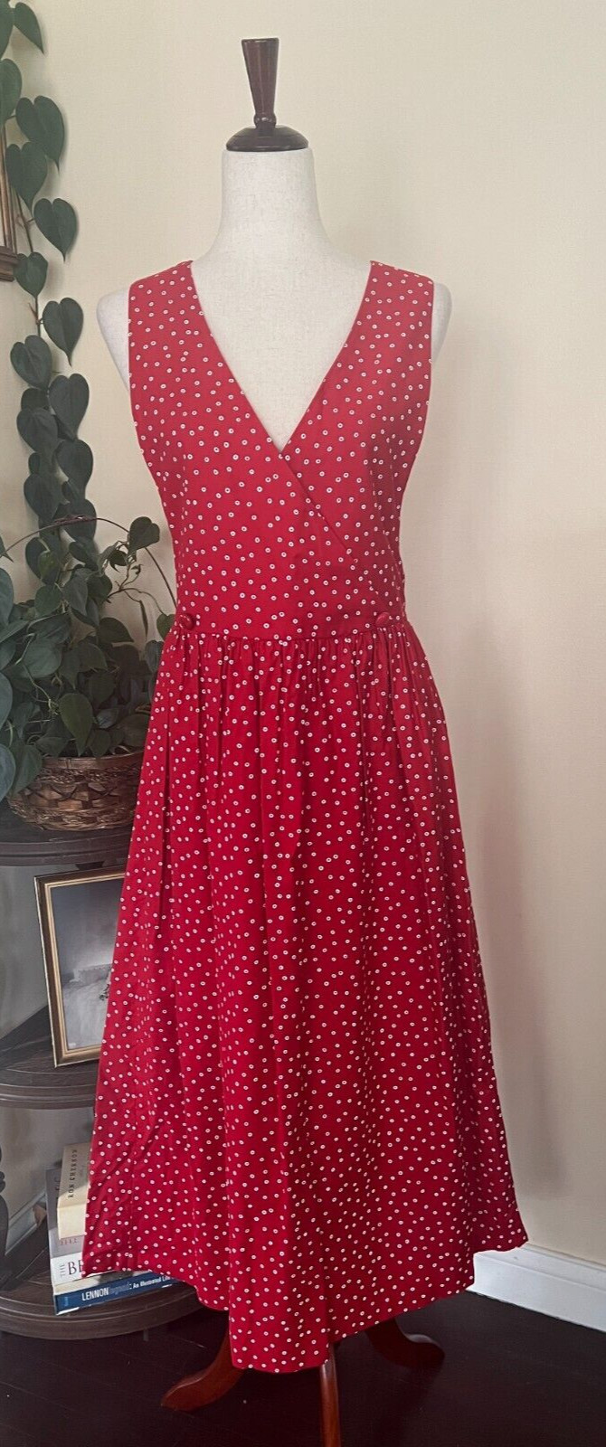 J Jill Red Polka Dot Dress Vintage 90s Surplice Neckline 100% Cotton sz M