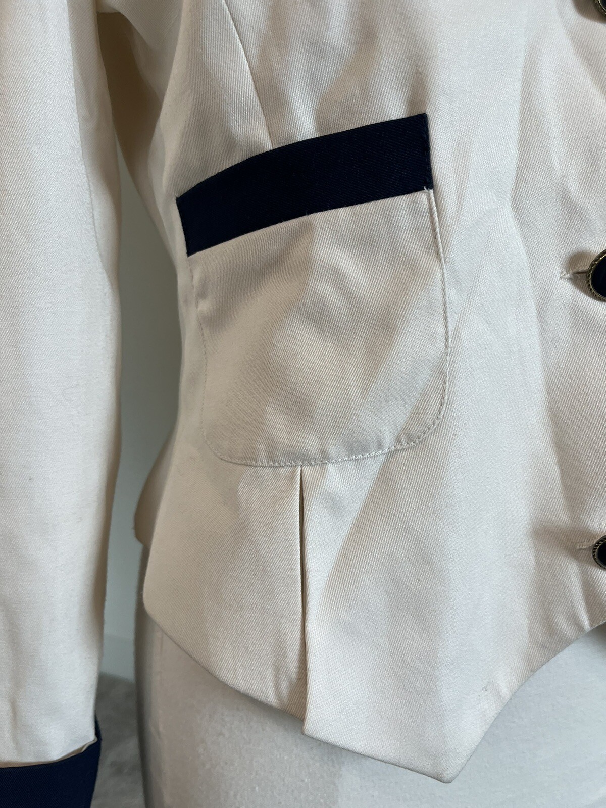 Halston Blazer Women’s 6 Ivory Navy Trim Vtg Nautical Preppy Mod Tailored Jacket