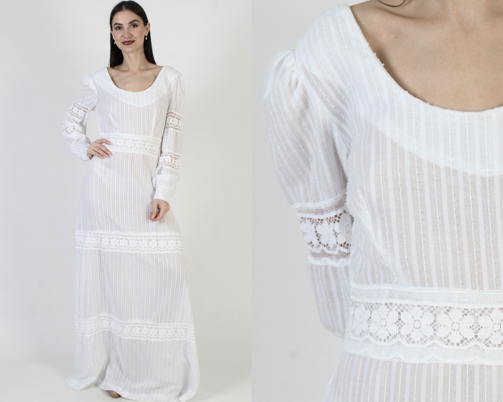 Vtg 70s Floor Length Wht Prairie Dress Victorian Seersucker Striped Boho Gown
