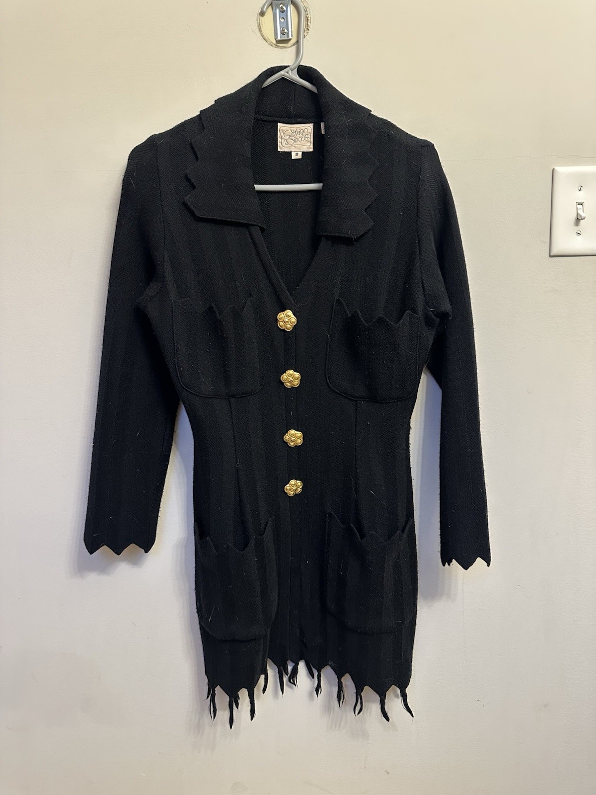 Vintage Kathryn Dianos Black Wool Long sleeve Dress With Gold Flower Buttons