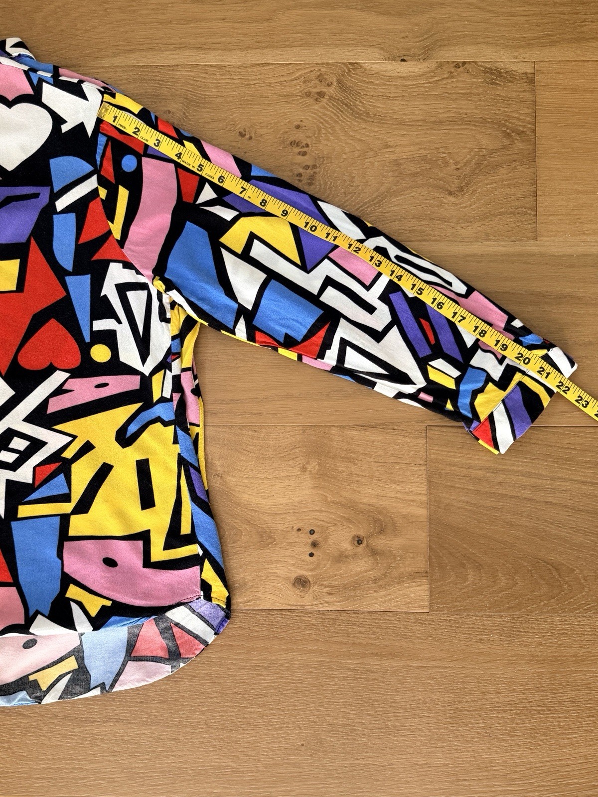 80s Pop Art VTG Button Down Shirt Wm L (*est*) Geometric Heart Print Long Sleeve