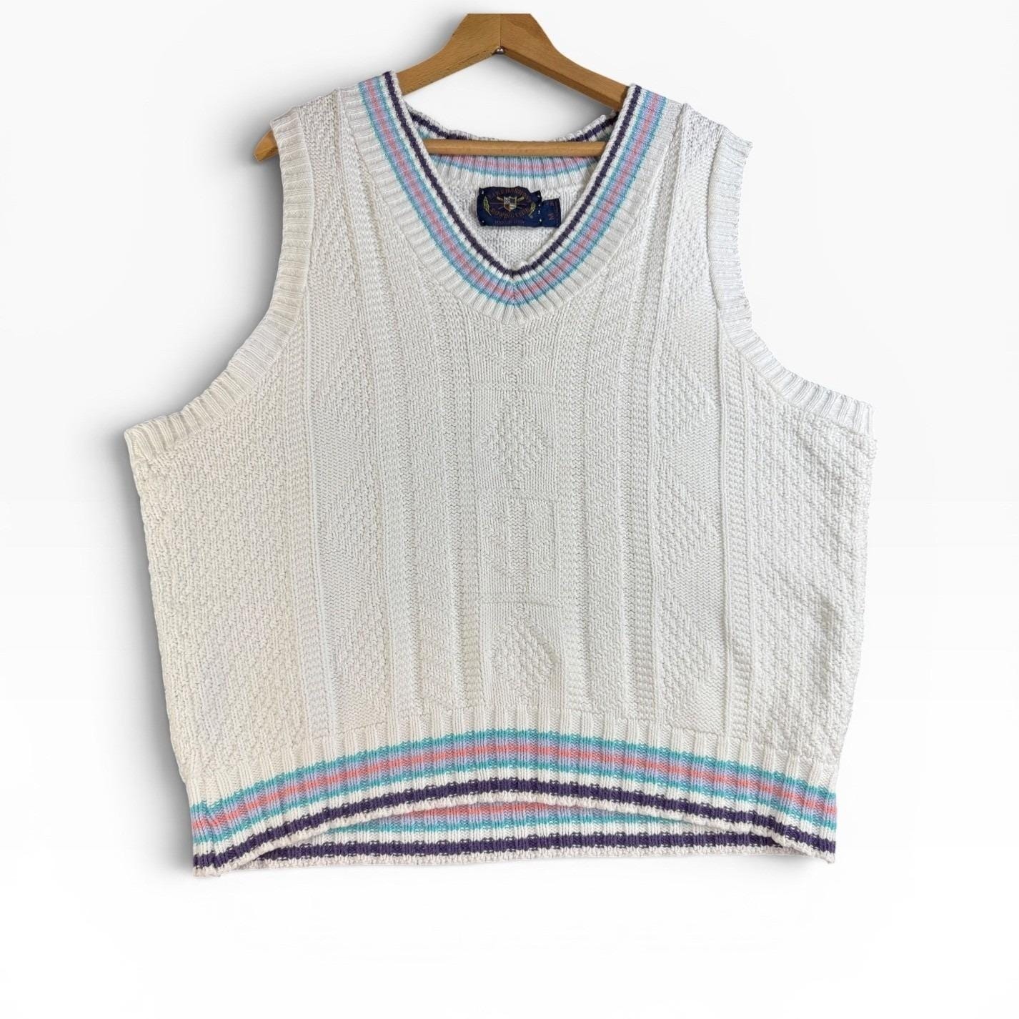 Vintage Coastal Golf Tennis Sweater Vest Cable Knit Pastel Trim USA M