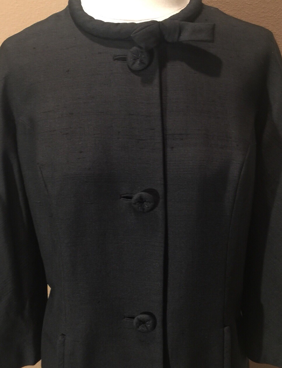 Vintage Retro 10/12 L Black Collarless Jacket W 3/4 Sleeves & Pockets