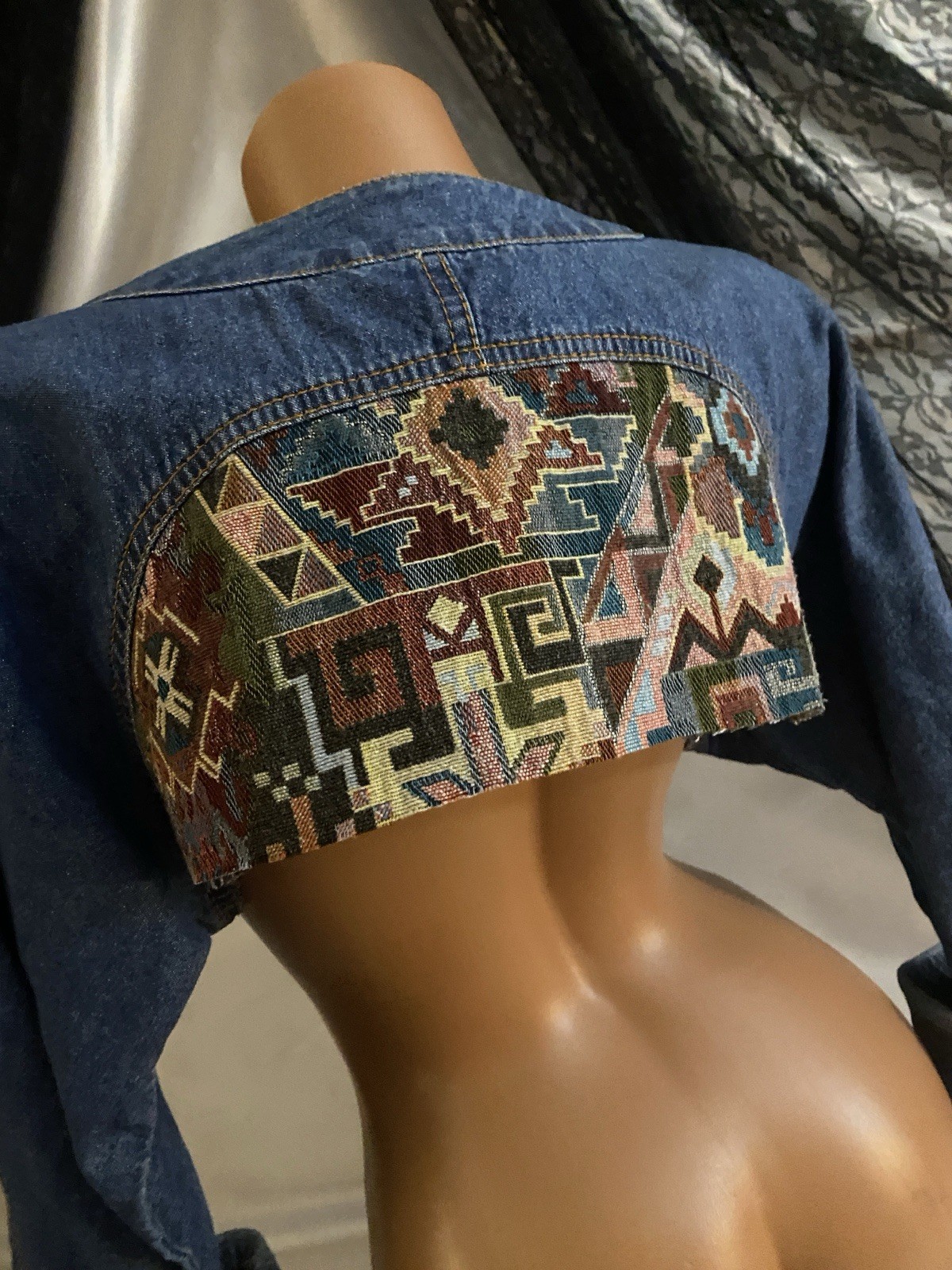 VTG patchwork embrd Hi Crop Top Jacket Bolero long SLV Denium S/M