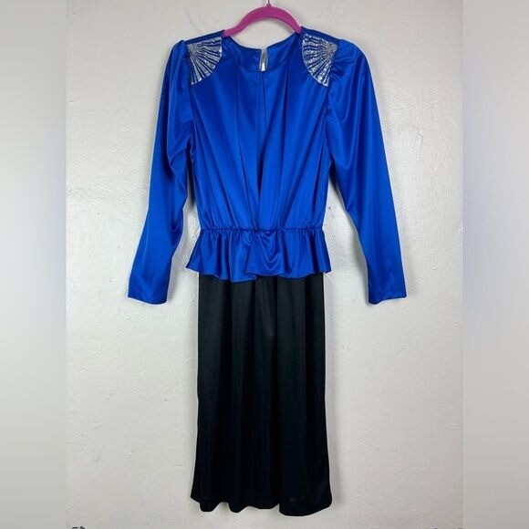 Vtg 80s Diamond’s Run Blue Black Dress Silver Glitter Size S/M disco retro party