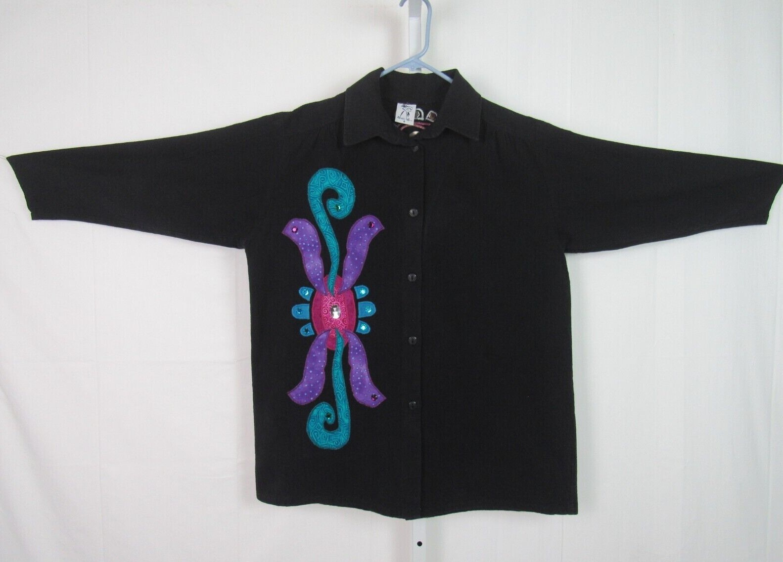 VTG 1970s 80s ALFREDO’S WIFE COTTON BUTTON FRONT SHIRT BLACK ETHNIC PATTERN SM