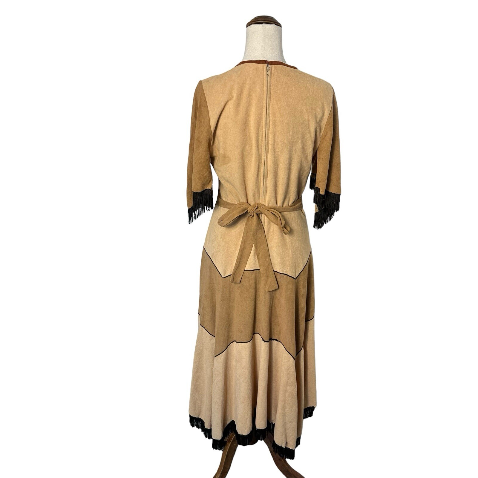 Vintage 70s C&A Brown Fringed Western Midi Dress Cowgirl Boho Festival Sz S