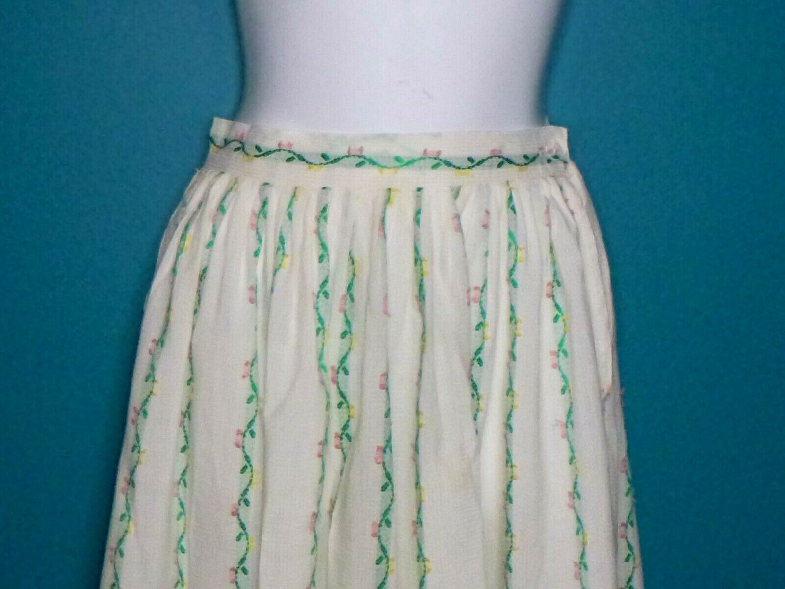 Vtg 50s 60s Cotton Clip Dot Dimity Floral Skirt Green Pink Yellow 23″ Waist