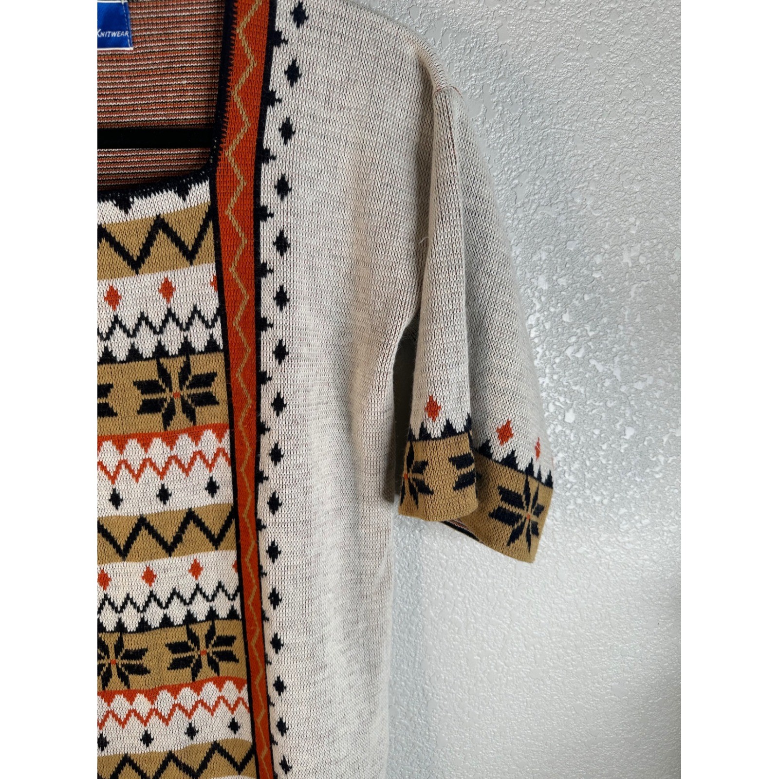 LeRoy Vintage Cream Geometric Fair Isle Square Neck Knit Sweater Top Size Medium