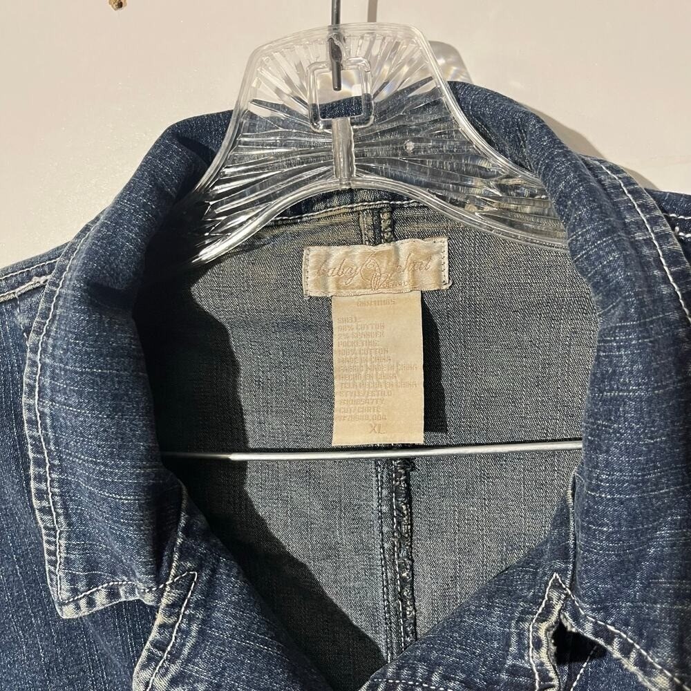 Vintage EUC Baby Phat Rare Blue Jeans Metal Cat Logo Denim Jacket Women Size XL