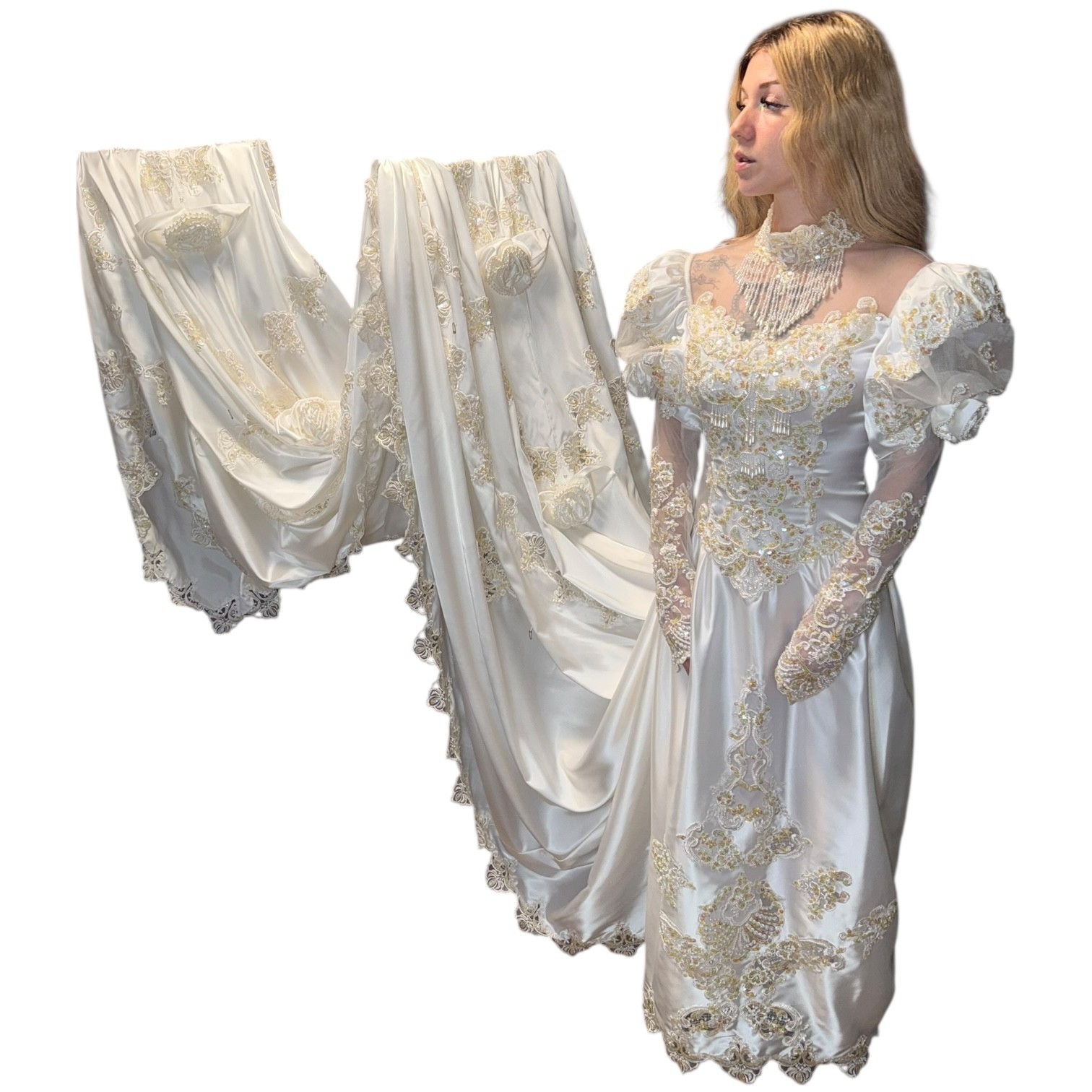 Alfred Angelo Pearl Beaded Satin w/Lace White Lng Sleeve Wedding Dress 12′ Train