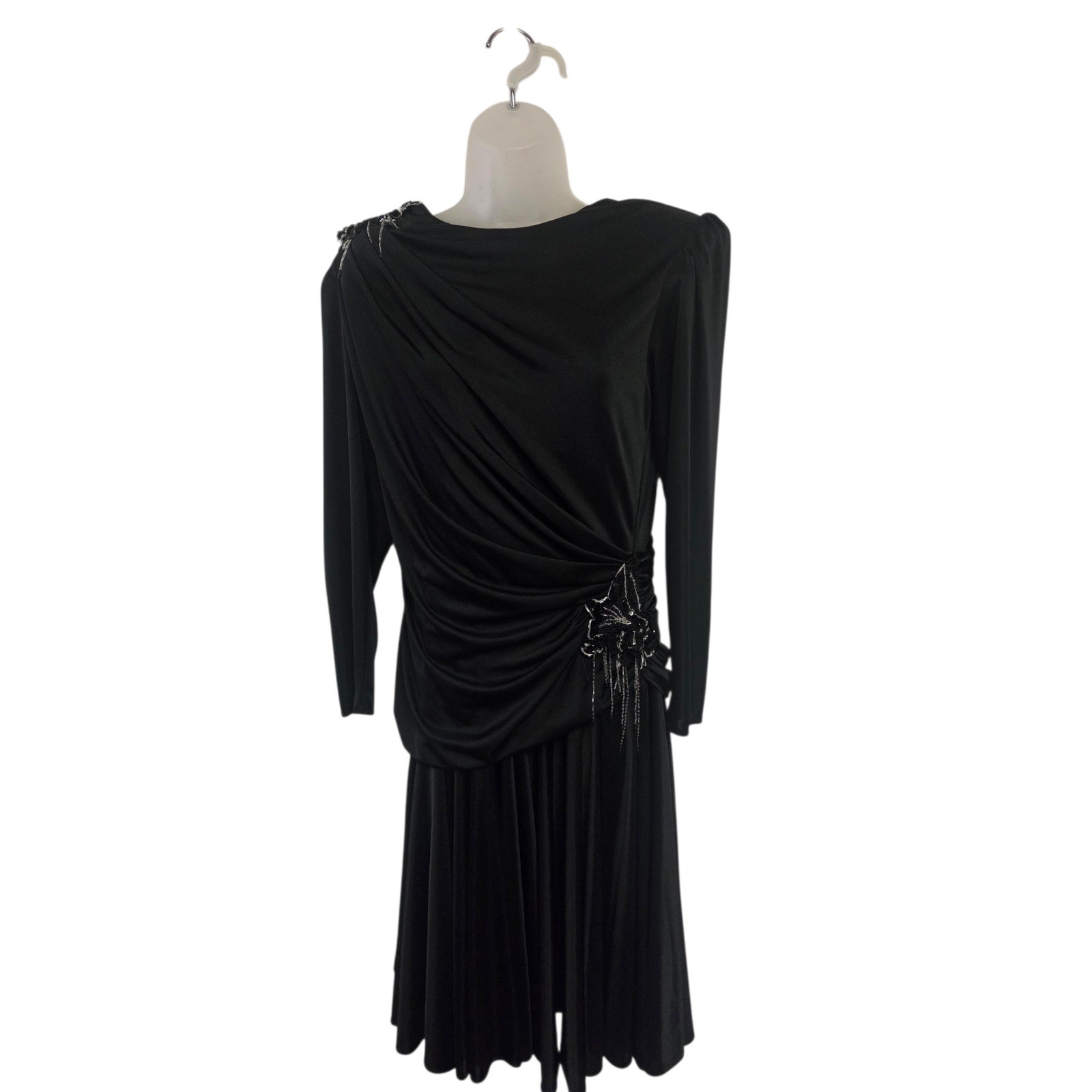 Vintage 80s Black Beaded Cocktail Dress Draped Ruched Long Sleeve Drop Waist