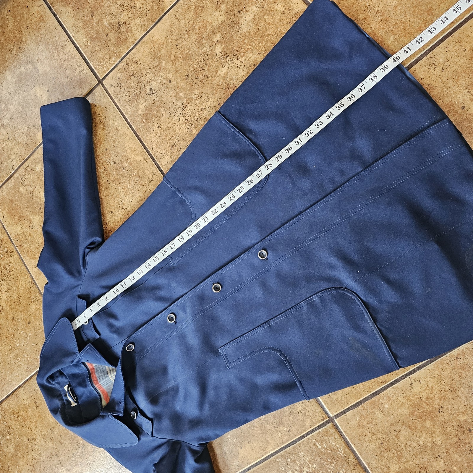 Vintage 70s Trench Coat Plaid Liner Dark Blue Mod Woven Polyester Jacket Classic
