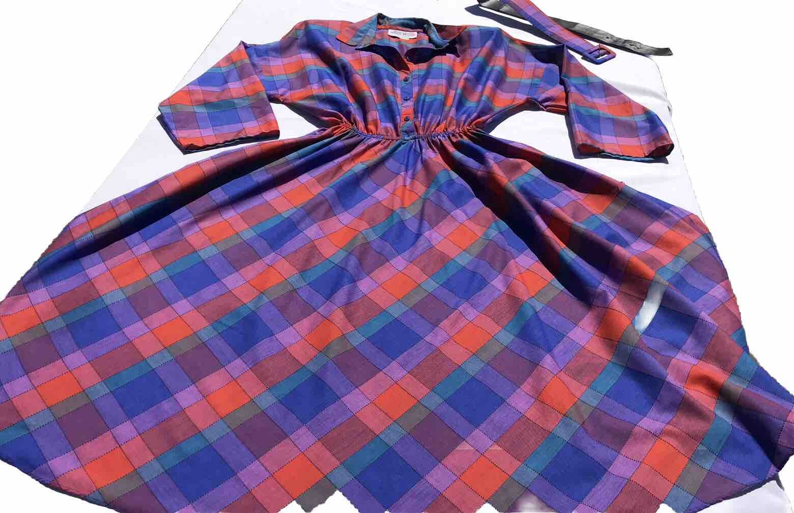 Vtg 80’s AMERICAN SHIRT DRESS Women’s M L 13 Geo Color Block Belted Shldr Pads