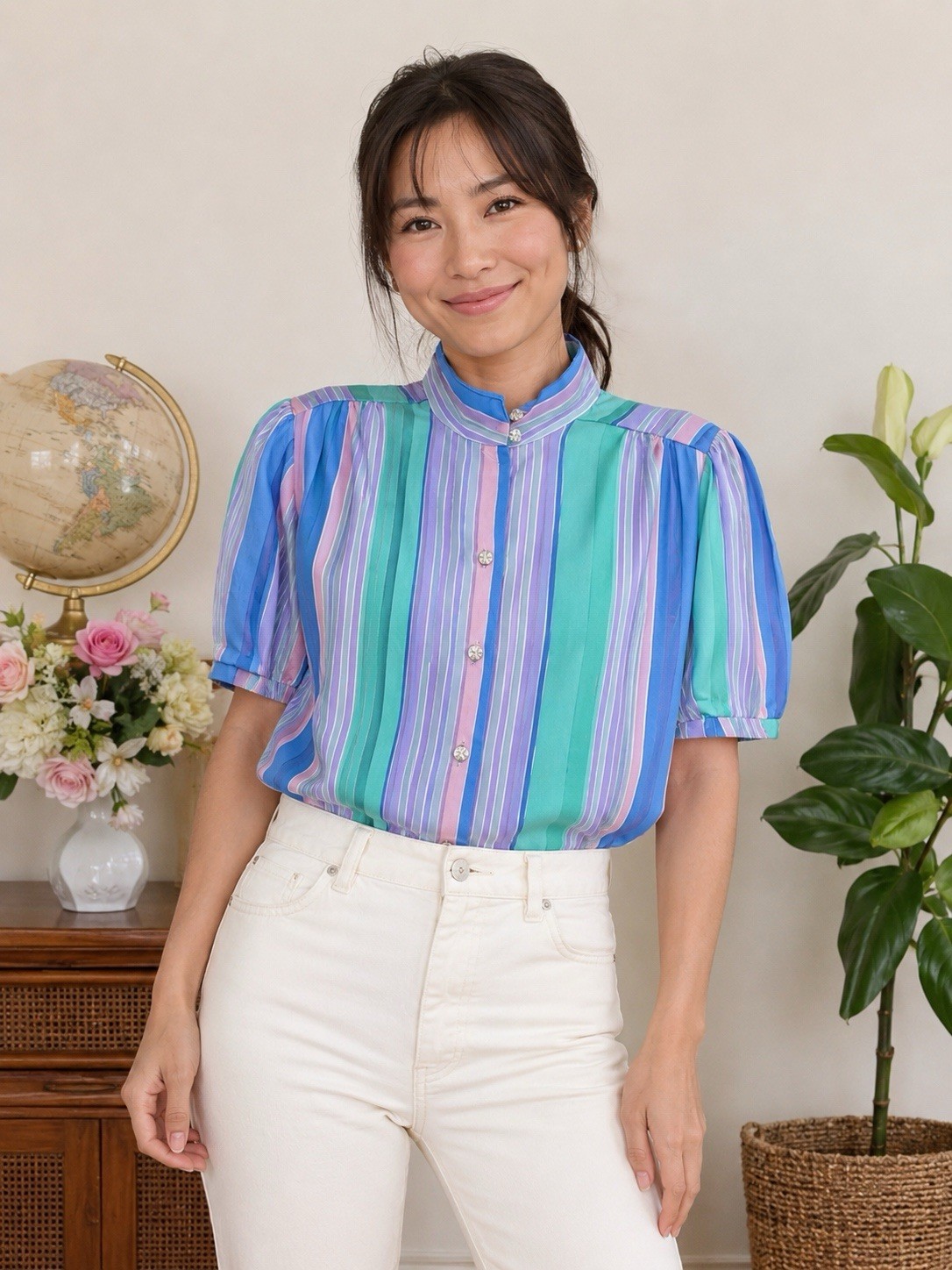 VTG Pastel Striped Blouse 12 High Mock Neck W/ Tie Button Front Retro Office