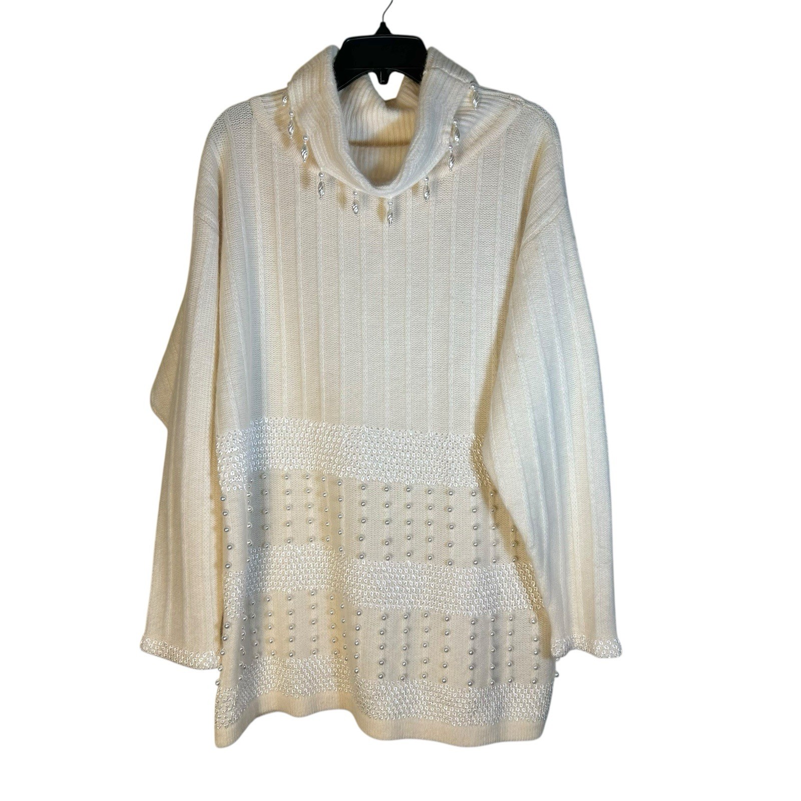 Vintage L’Eau Vive Sz M Cream Pearl Embellished Sweater Lambswool Angora Rabbit