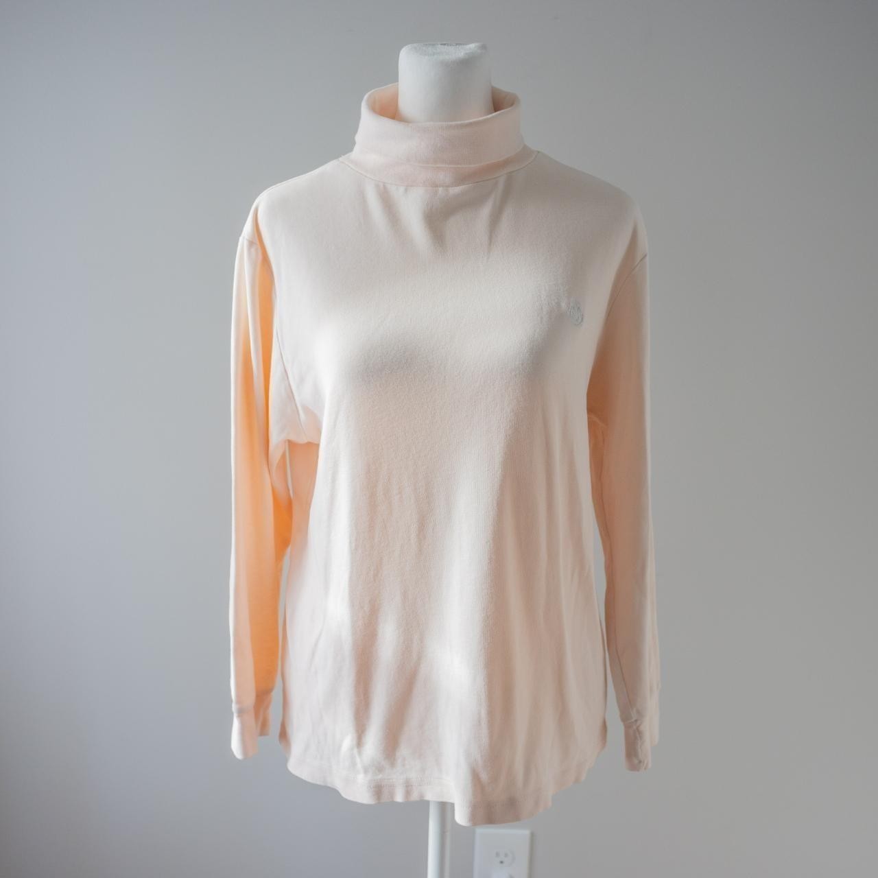 Vintage Cotton 80s Muted Pastel Pink Cream Turtleneck with logo emblem applique