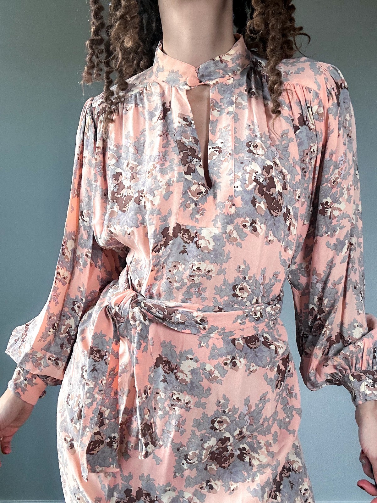 Vintage Robert Krugman Peach and Grey Peasant Style 70’s Dress