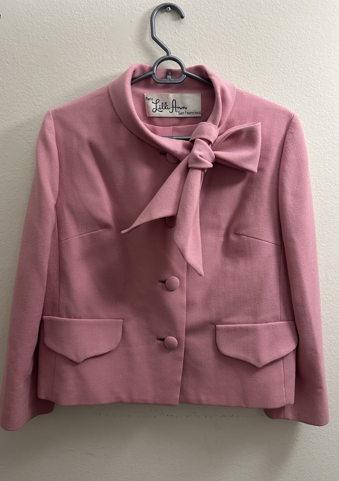 Vintage 1960’s Lilli Ann Paris San Francisco Pink Jacket Attached Bow Tie Coat M