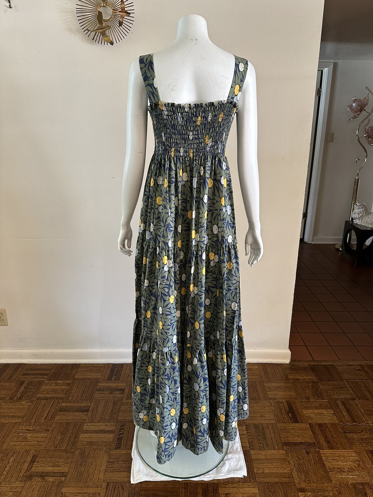 1970s Olive Print Smocked Maxi Dress Cotton Blend Hostess Resort Sundress OS VTG