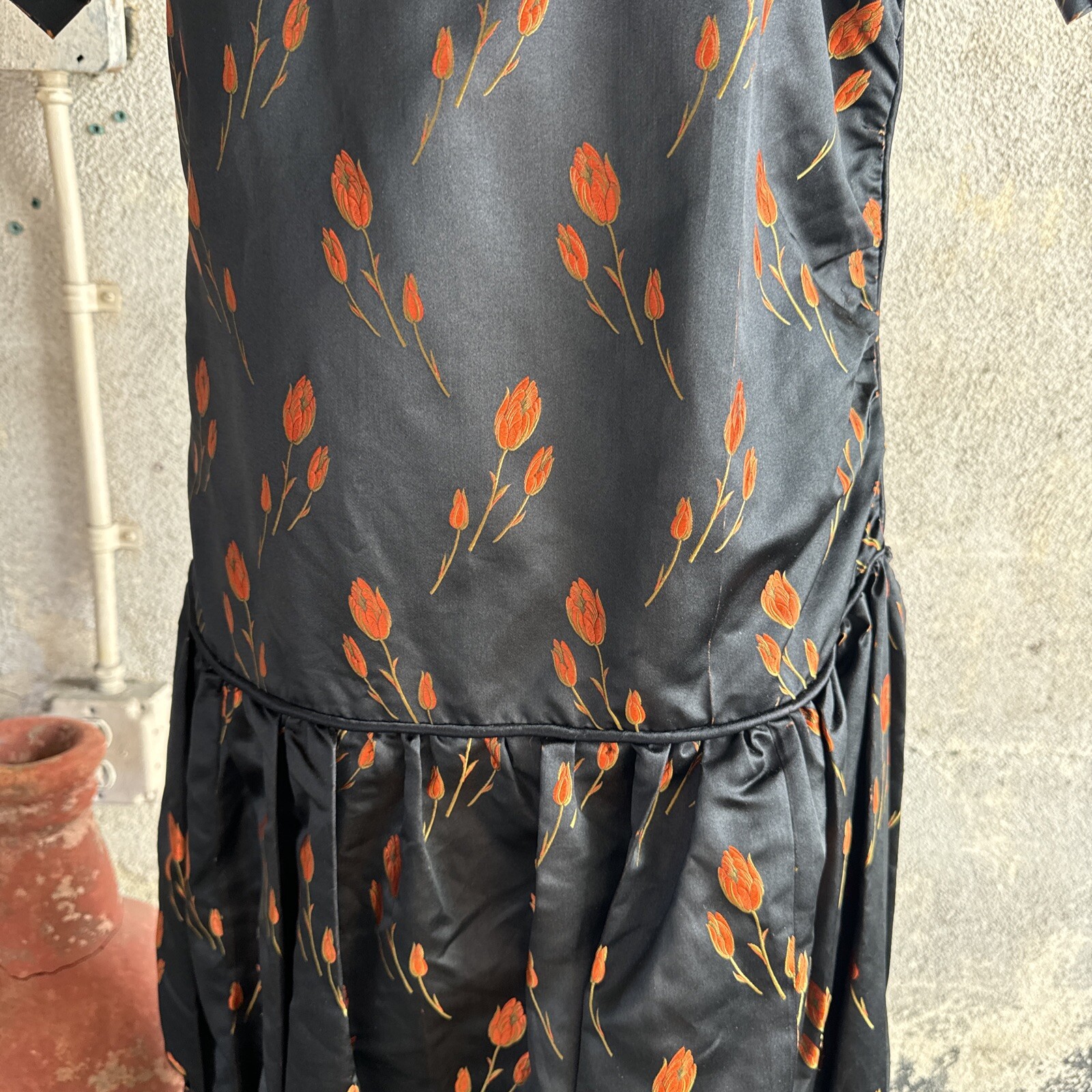 Antique 1920s Orange Tulip Silk Brocade Dress 1890s Fabric Full Length Vintage