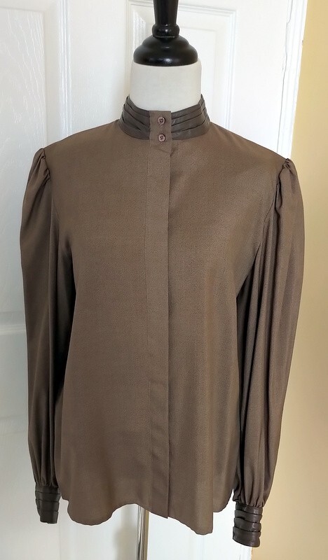 Vintage Francesca of Damon for Starington Brown Silk/Wool Blouse w/ Leather (12)