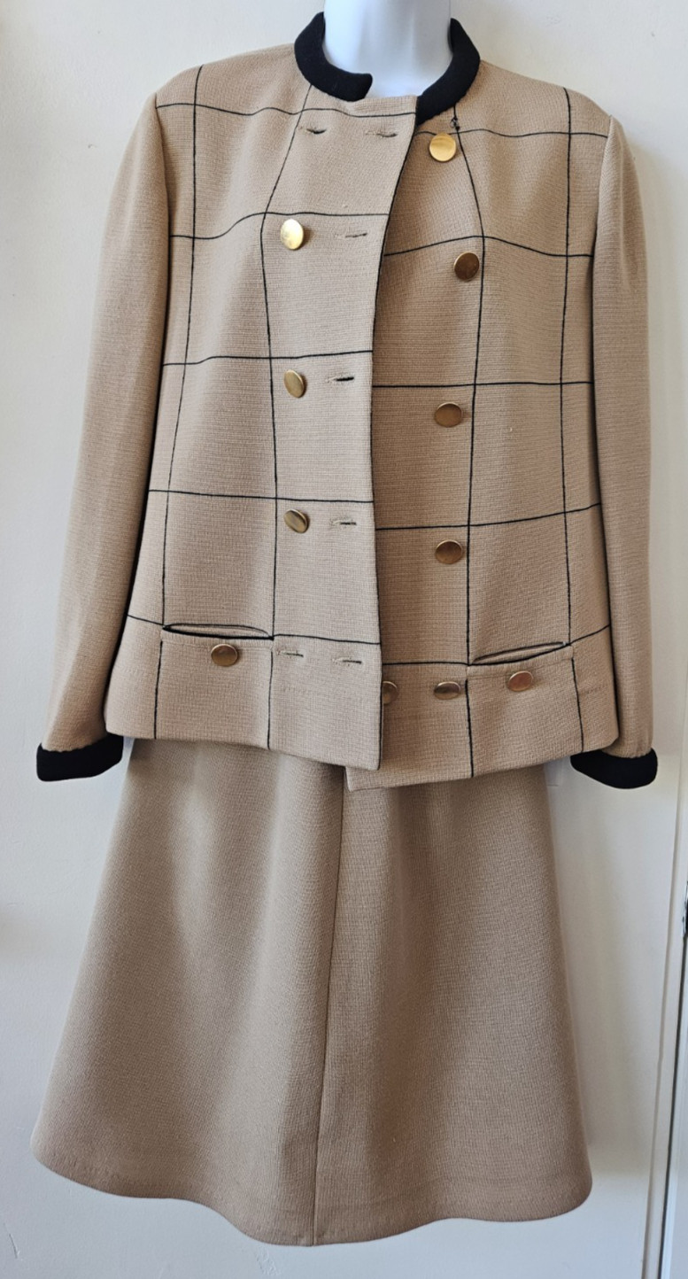 VTG 1960s KNIT Suit Skirt & Jacket Santa Maria Hong Kong, Tan, 36 bust, repairs