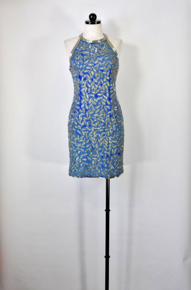 80s Vintage Blue Silk Silver Beaded Jeweled Leaves Backless Halter Mini Dress S