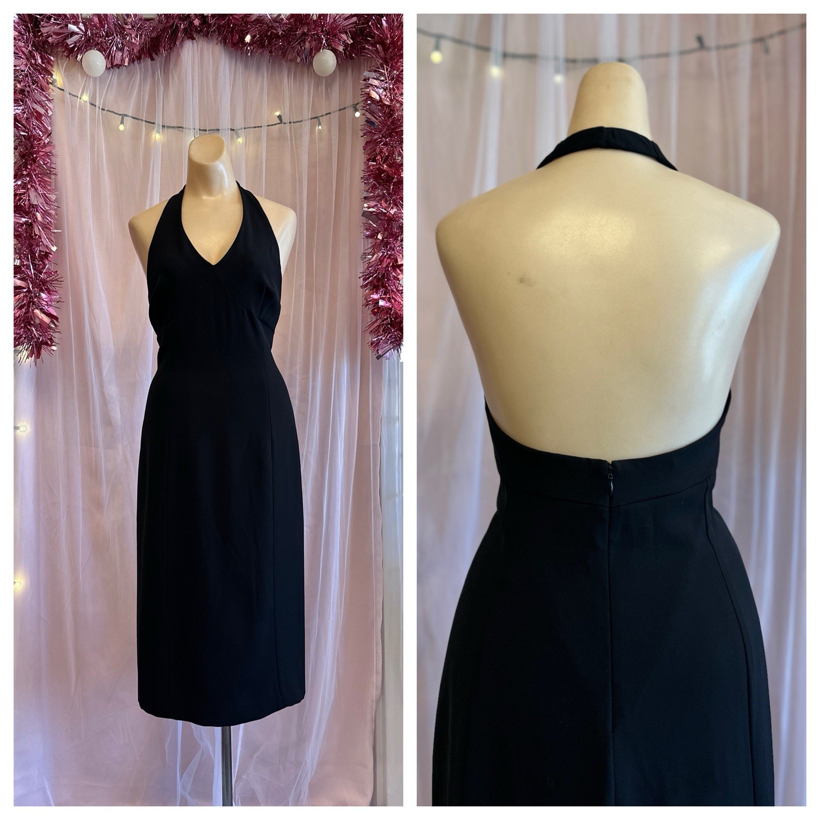 Vintage Y2K 2000s Black Halter Dress Open Back Sleeveless Minimalist Summer M