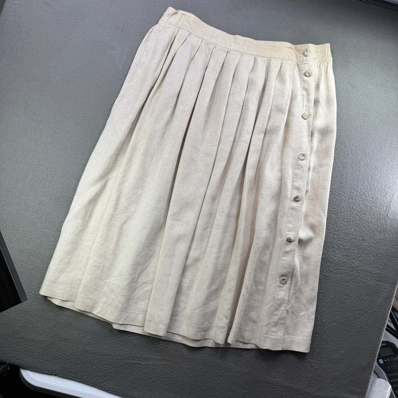 Vintage Kathryn Deene Skirt Women XL Beige Linen Blend Pleated Button Classic