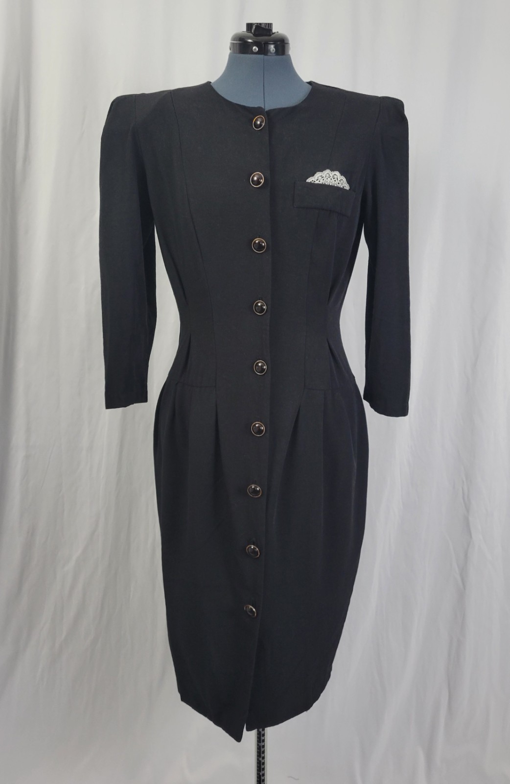 Vtg All That Jazz Black Button Down Sheath Dress w Lace Pocket Square Size 11/12