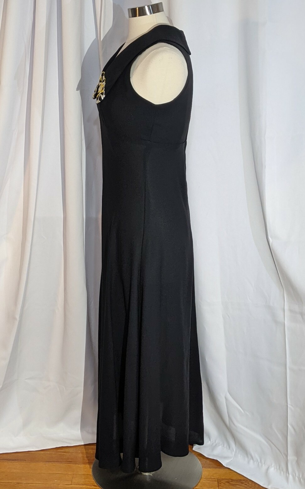 70s Boho Disco Black Yellow Embroidered Maxi Dress ILGWU Union Sz S M Vtg 12
