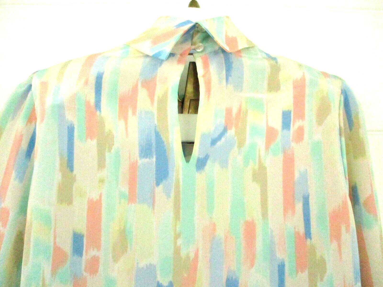 Vtg 1980’s Pastel Multi High-Neck Secretary Blouse Size 16 Striped Puffy Sleeve