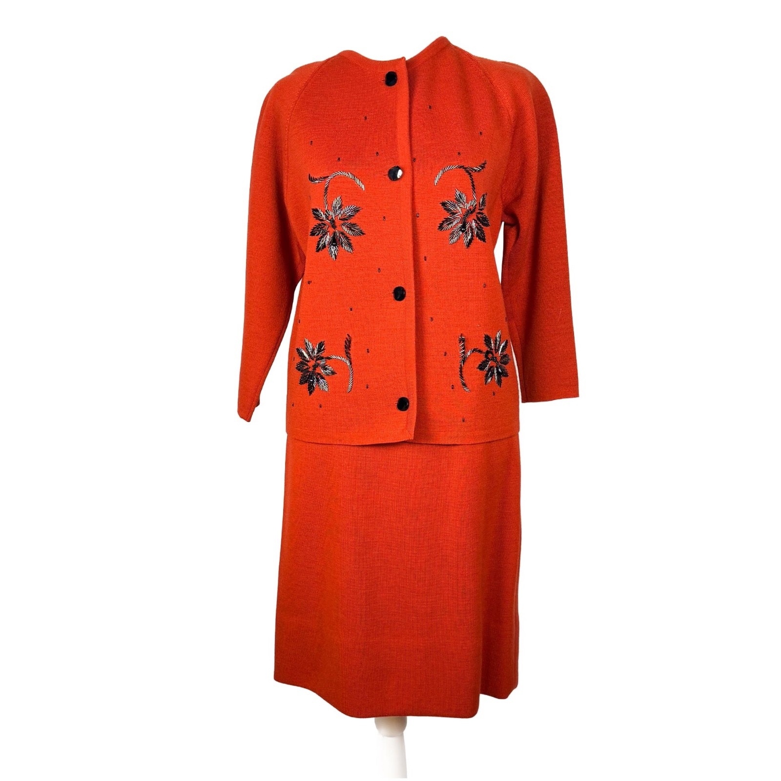 1960s Vintage Beaded Orange Wool Sweater and Skirt Set