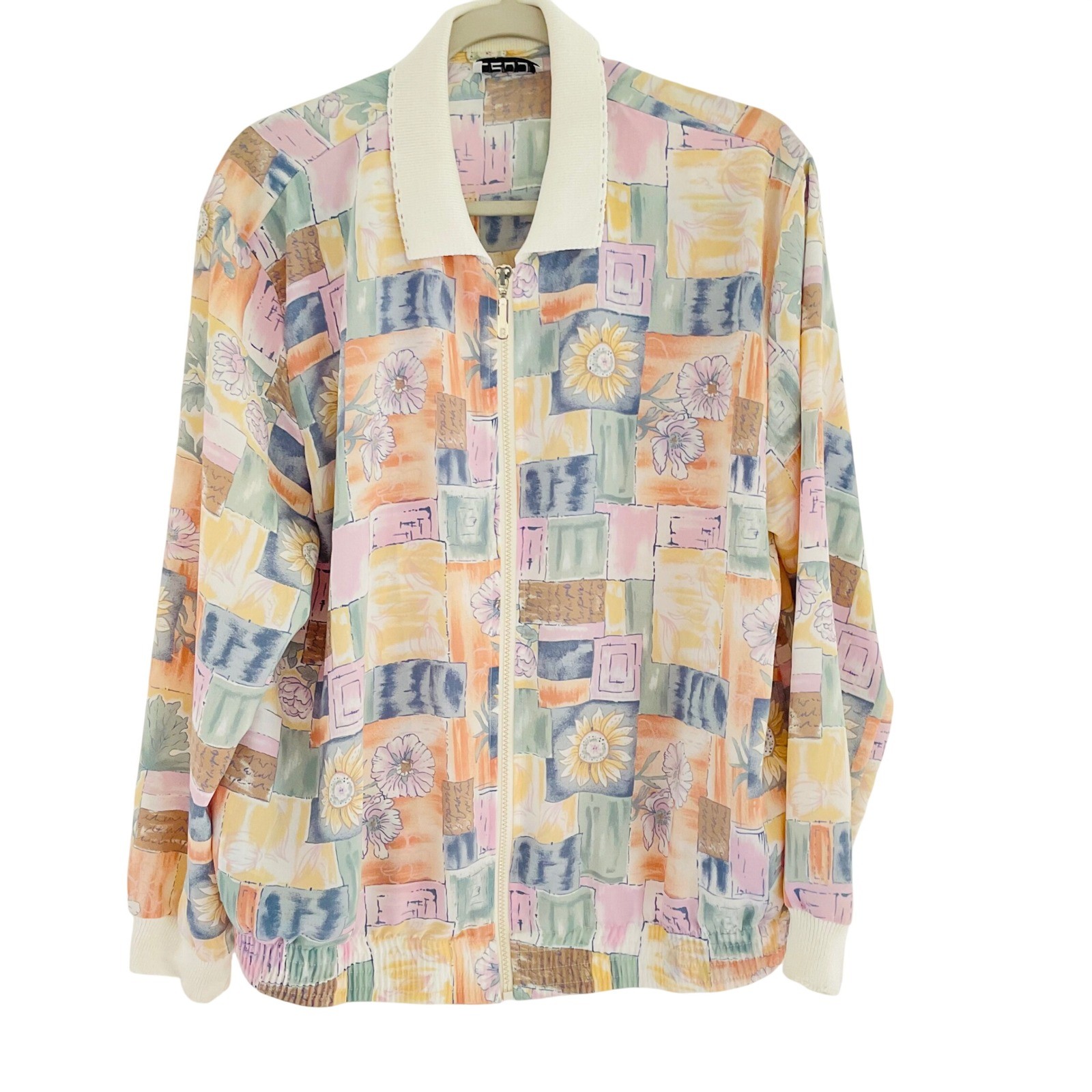 vtg TEDDI womens retro floral pastel 80s 90s grandma zip up jacket lightweight