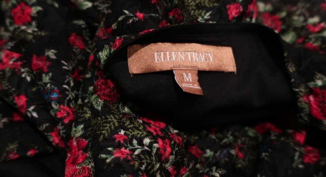 Vtg Y2K Dark Romantic Floral Top Sz M Black/Red 3/4 Sheer Sleeves Gothic