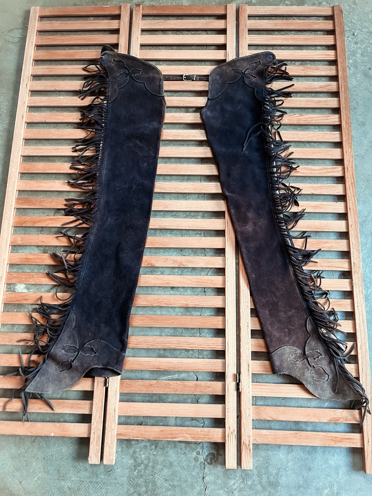 Vintage Handmade Plum Suede Chaps With Floral Detail and Brass Zippers