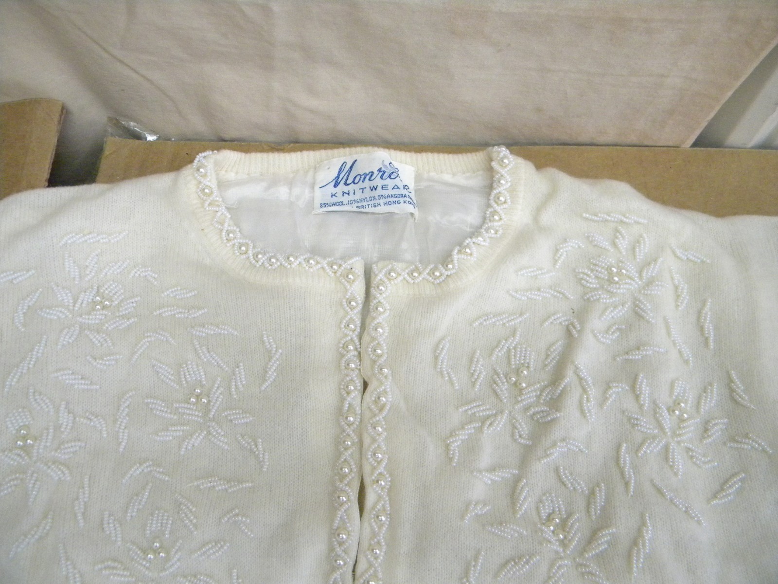 Vintage 1960s Monrose Sportswear Ivory Wool Angora Beaded Top Blouse