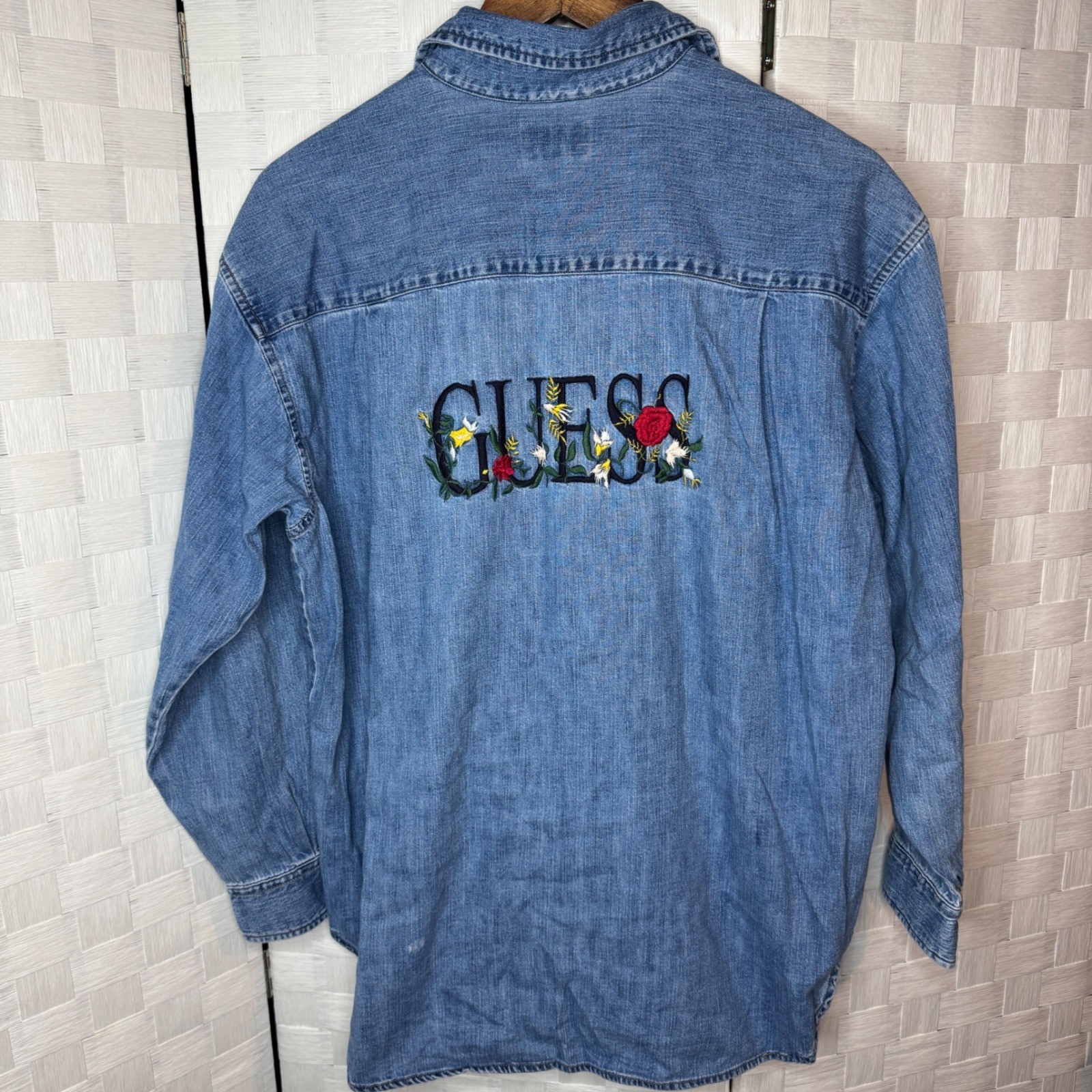 Vintage Guess Jeans Denim Shirt Medium Distressed Floral Embroidered Logo 90s