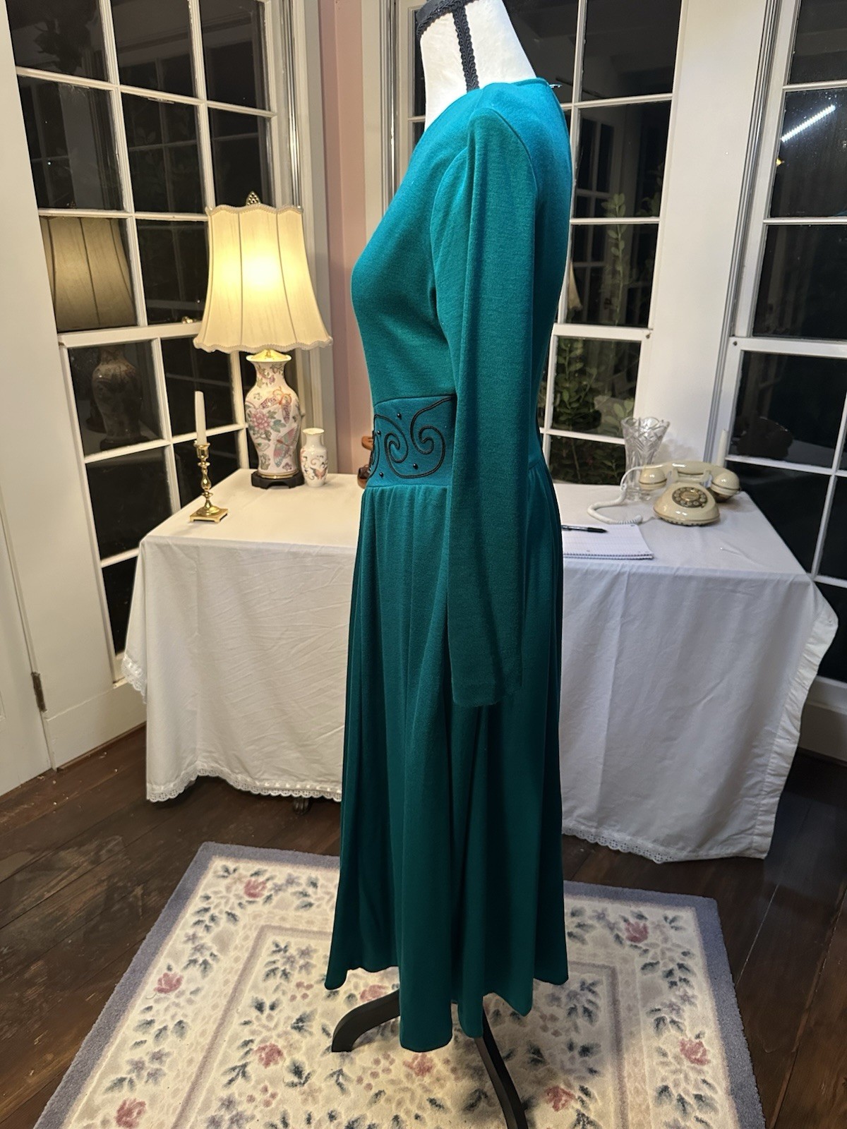 Vintage 80s Long Sleeve Green Dress Elegant Waist Pockets Fit To Flare Rodeo