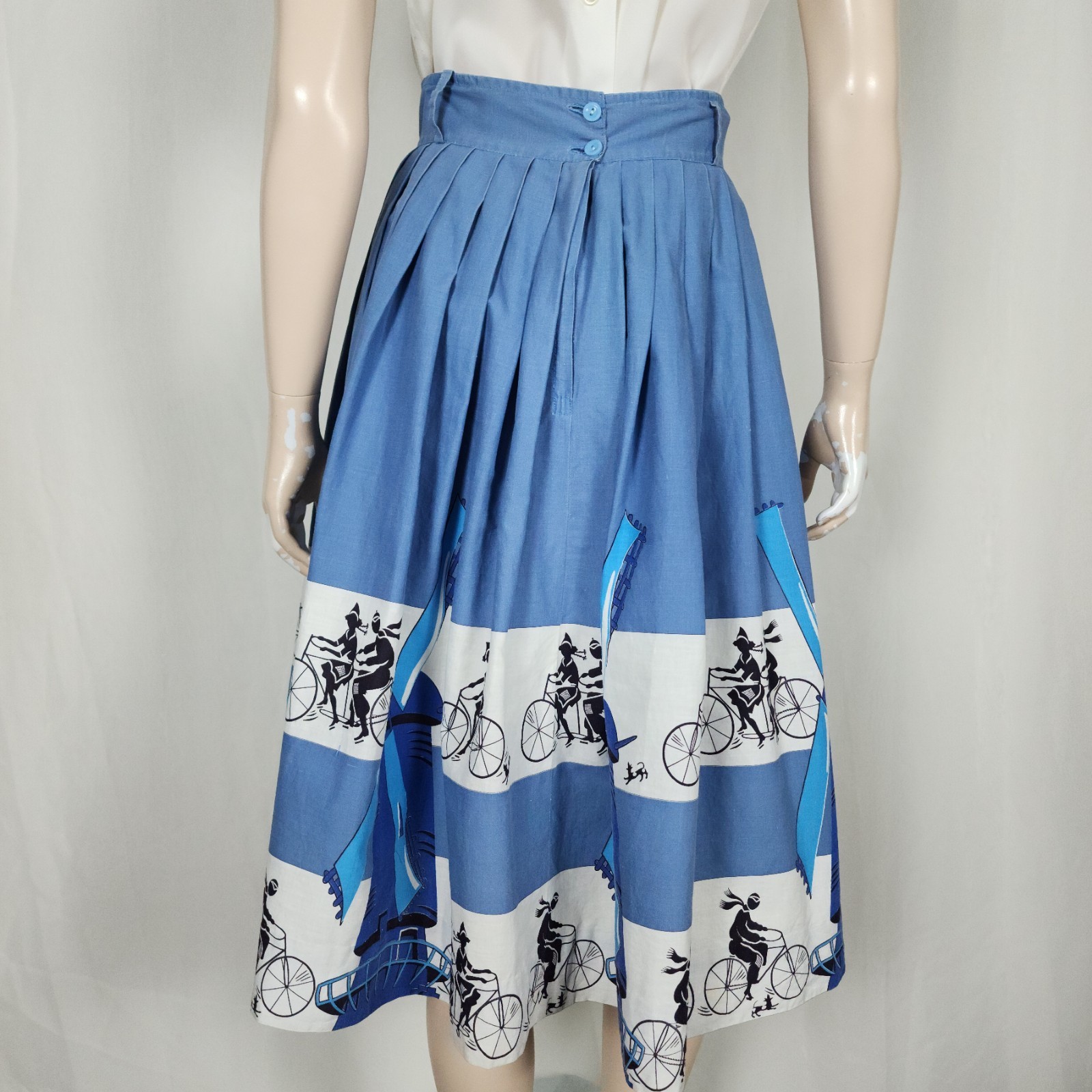 Vtg 1950s Holland windmill bicycle couple novelty print cotton skirt S