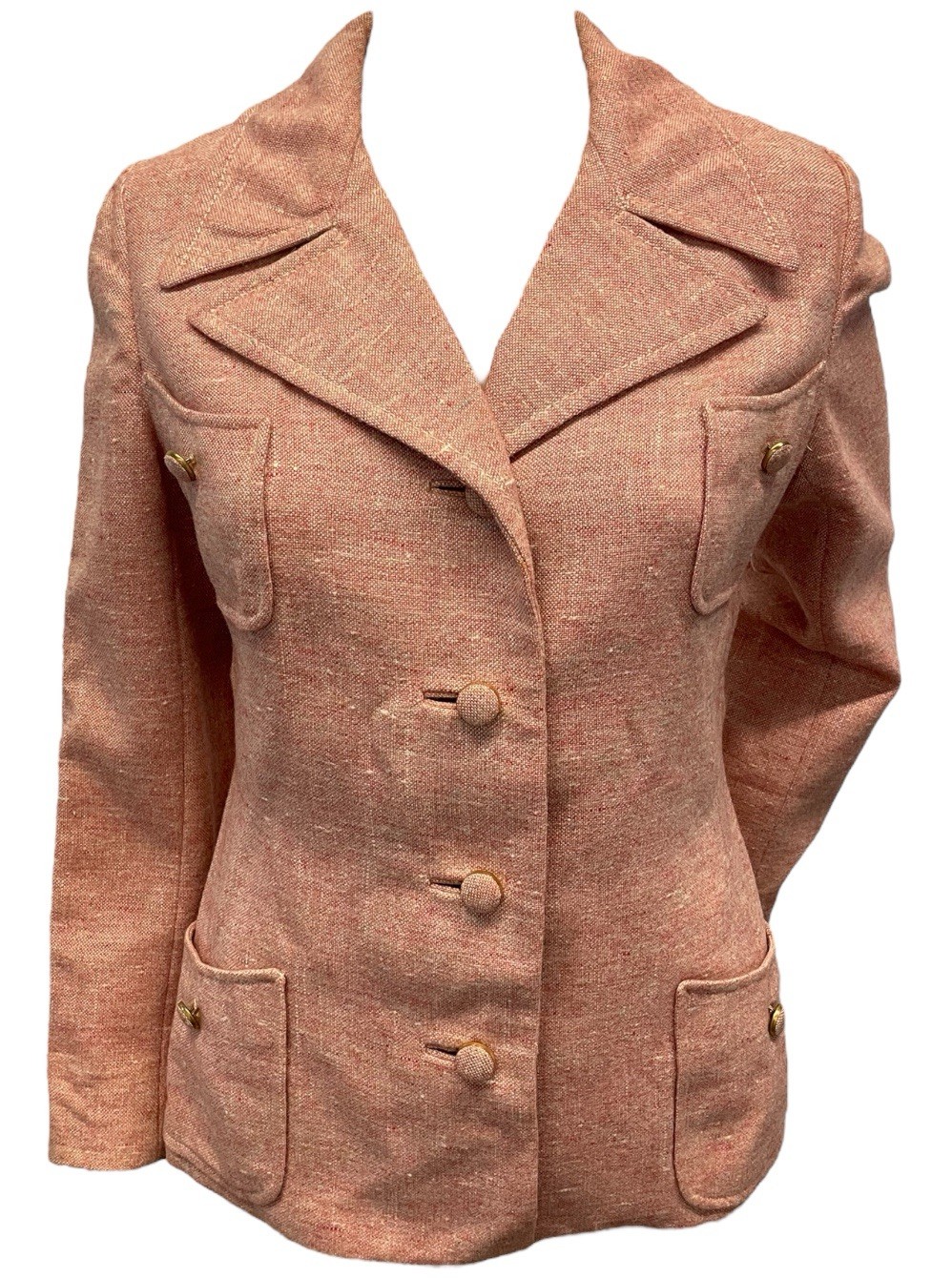 VTG 60s/70s Mills Bros Pink Tweed Wool 4-Pocket Spread Collar Button Up Jacket S