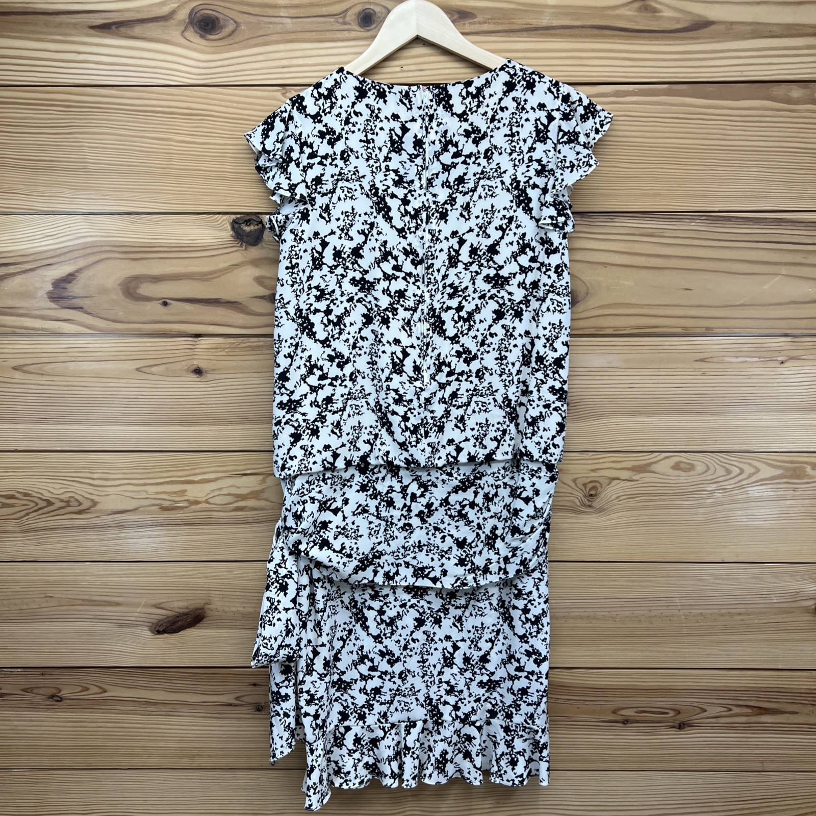 Vtg Jerry Regenbogen Silk Dress 2 Ivory Black Drop Waist Ruffle Hem Midi B91